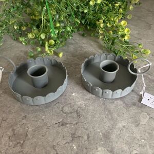 Farmhouse Gray Fluted Metal Taper Candle Holder Set of Two Country Cottagecore